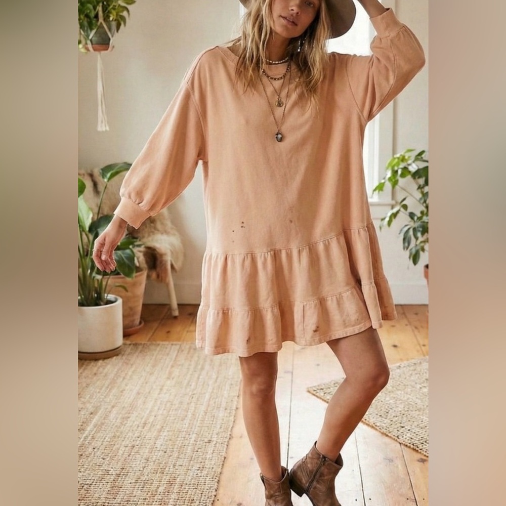 We The Free Cream Ruffle Hem Sweatshirt Dress